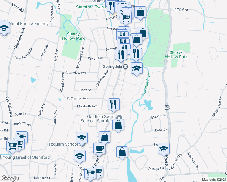 map of restaurants, bars, coffee shops, grocery stores, and more near 795 Hope Street in Stamford