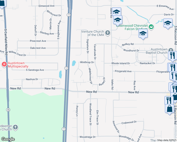 map of restaurants, bars, coffee shops, grocery stores, and more near 1400 Maplecrest Dr in Youngstown