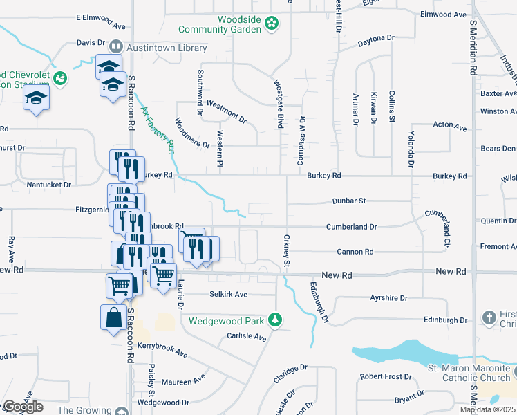 map of restaurants, bars, coffee shops, grocery stores, and more near 4150 Pembrook Road in Youngstown