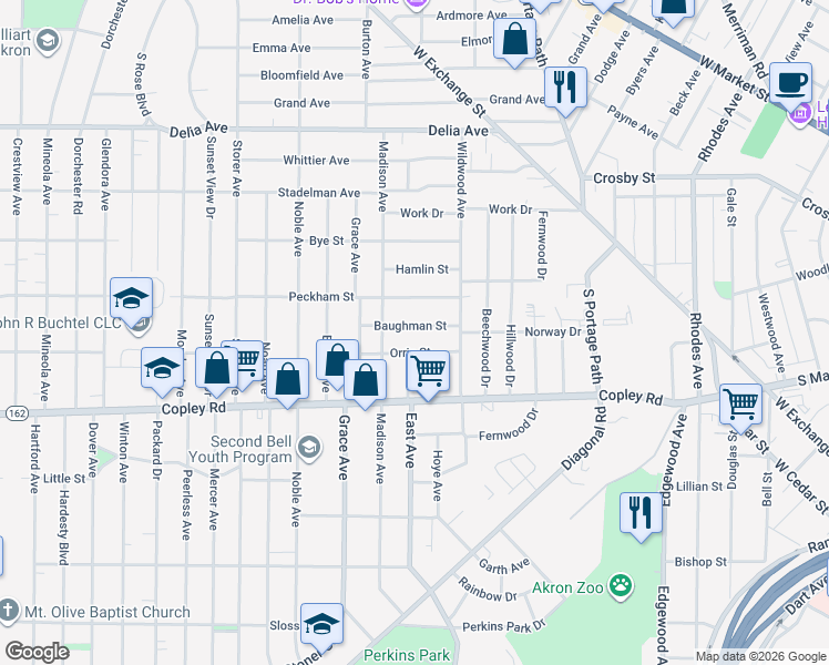 map of restaurants, bars, coffee shops, grocery stores, and more near 900 Baughman Street in Akron