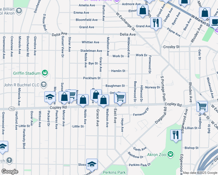 map of restaurants, bars, coffee shops, grocery stores, and more near 944 Baughman Street in Akron