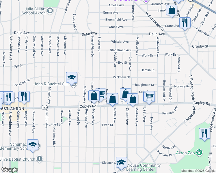 map of restaurants, bars, coffee shops, grocery stores, and more near 403 Noah Avenue in Akron