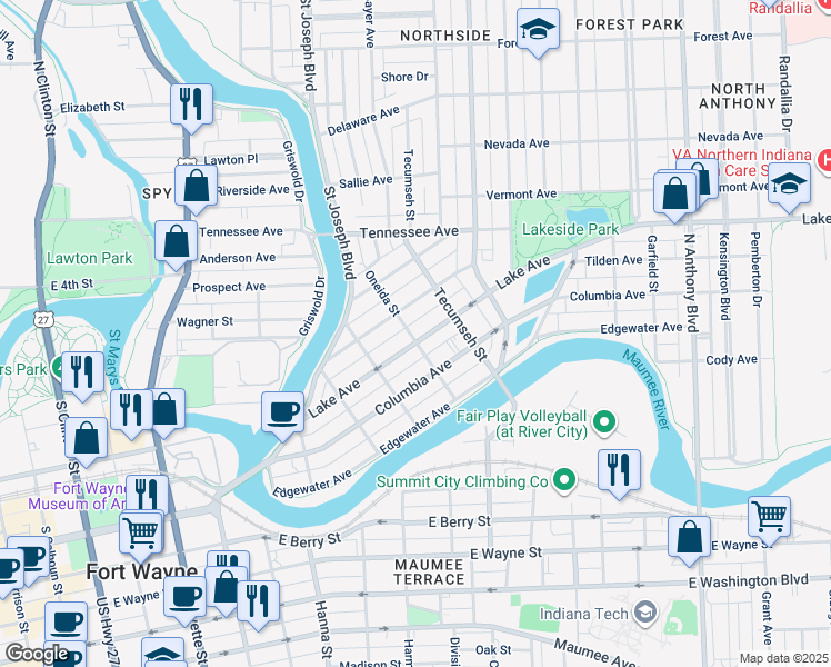 map of restaurants, bars, coffee shops, grocery stores, and more near 1119 Lake Avenue in Fort Wayne