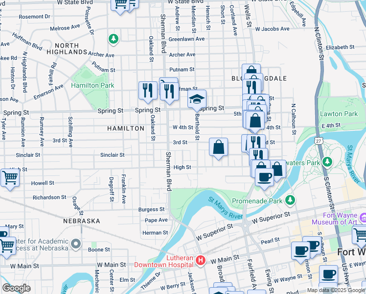 map of restaurants, bars, coffee shops, grocery stores, and more near 733 3rd Street in Fort Wayne