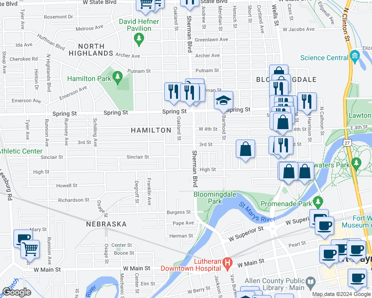 map of restaurants, bars, coffee shops, grocery stores, and more near 901 3rd Street in Fort Wayne