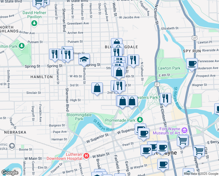 map of restaurants, bars, coffee shops, grocery stores, and more near 1300 Orchard Street in Fort Wayne