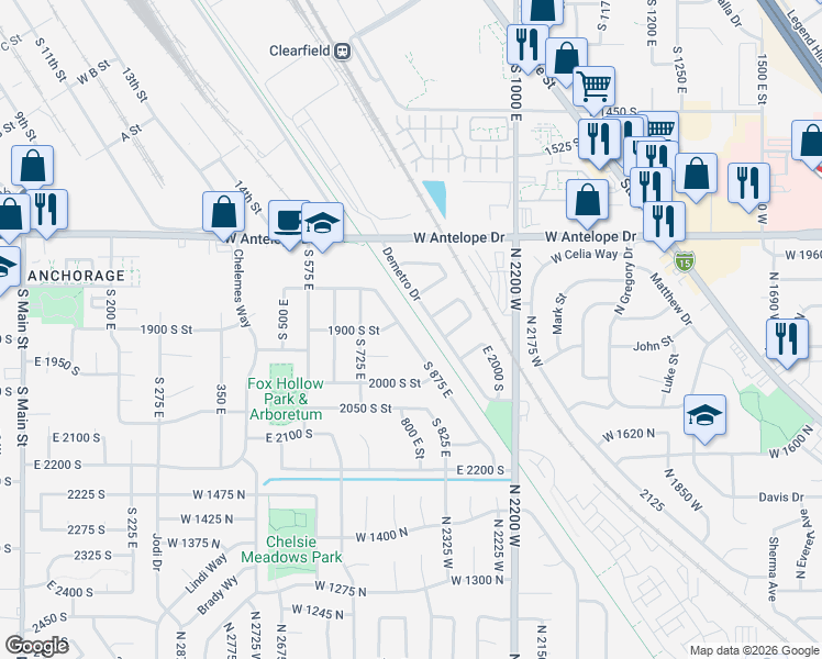 map of restaurants, bars, coffee shops, grocery stores, and more near 1919 South 875 East in Clearfield