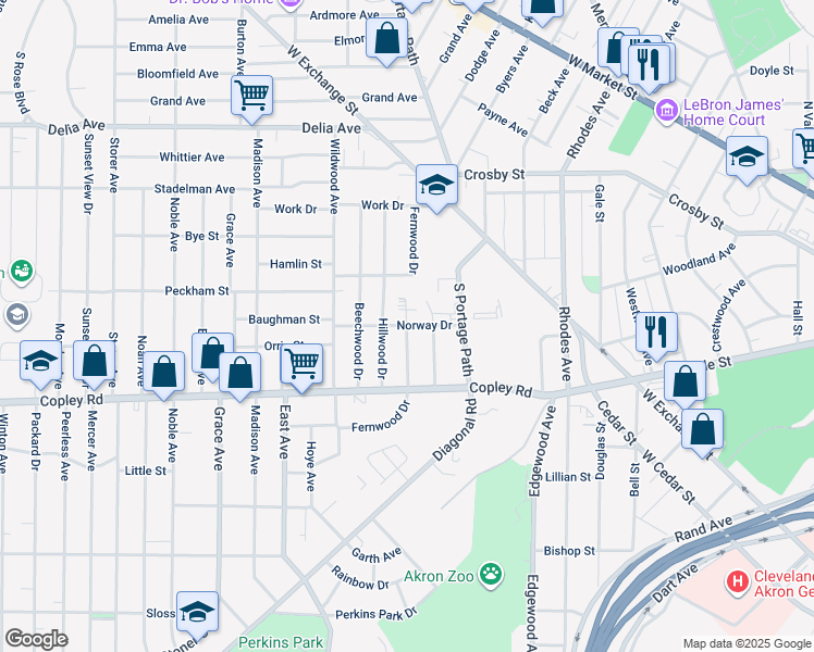 map of restaurants, bars, coffee shops, grocery stores, and more near 419 Fernwood Drive in Akron