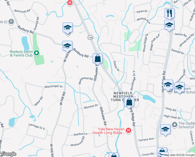 map of restaurants, bars, coffee shops, grocery stores, and more near 1299 Stillwater Road in Stamford