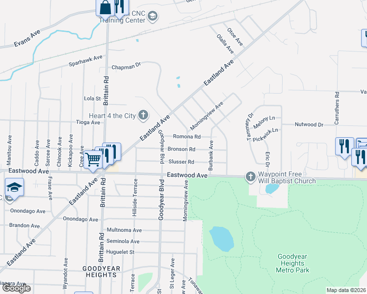 map of restaurants, bars, coffee shops, grocery stores, and more near 1573 Bronson Road in Akron