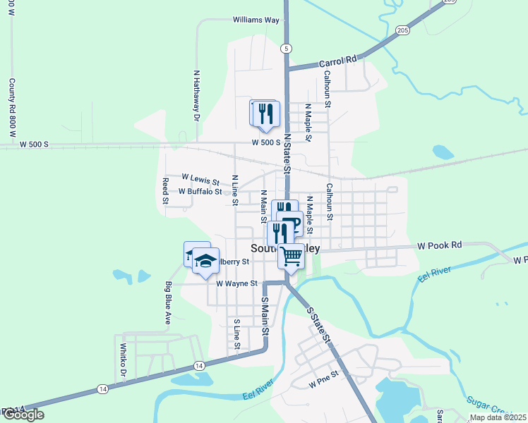 map of restaurants, bars, coffee shops, grocery stores, and more near 200 North Main Street in South Whitley