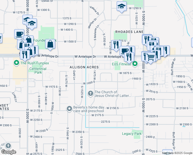 map of restaurants, bars, coffee shops, grocery stores, and more near 1901 South 1475 West in Syracuse