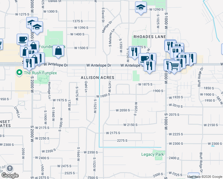 map of restaurants, bars, coffee shops, grocery stores, and more near 1901 South 1475 West in Syracuse
