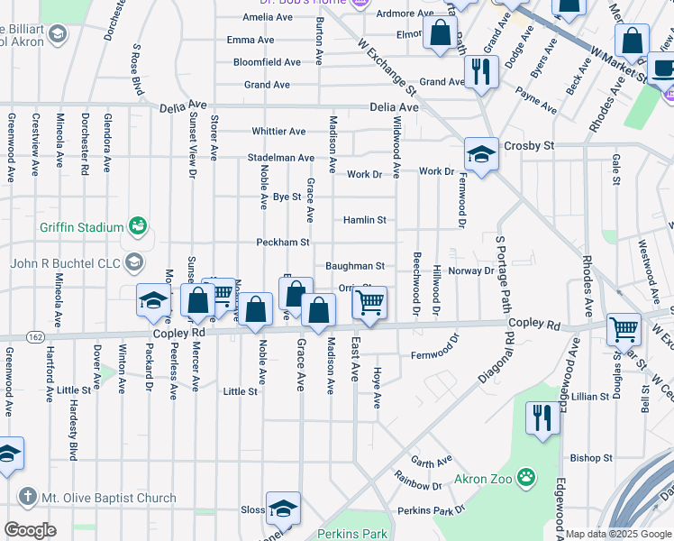 map of restaurants, bars, coffee shops, grocery stores, and more near 944 Baughman Street in Akron