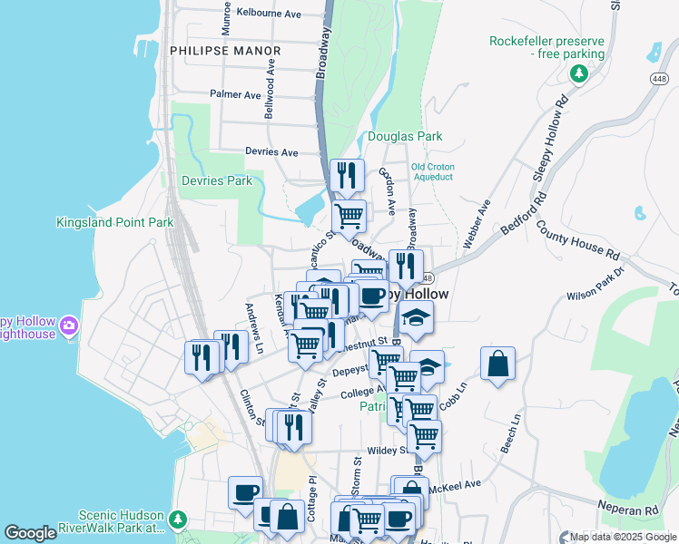 map of restaurants, bars, coffee shops, grocery stores, and more near 291 North Washington Street in Sleepy Hollow