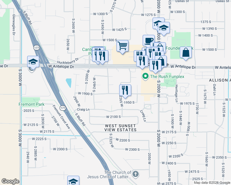 map of restaurants, bars, coffee shops, grocery stores, and more near 2302 West 1900 South in Syracuse