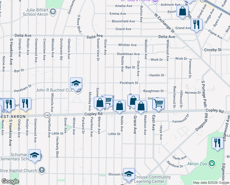 map of restaurants, bars, coffee shops, grocery stores, and more near 403 Noah Avenue in Akron