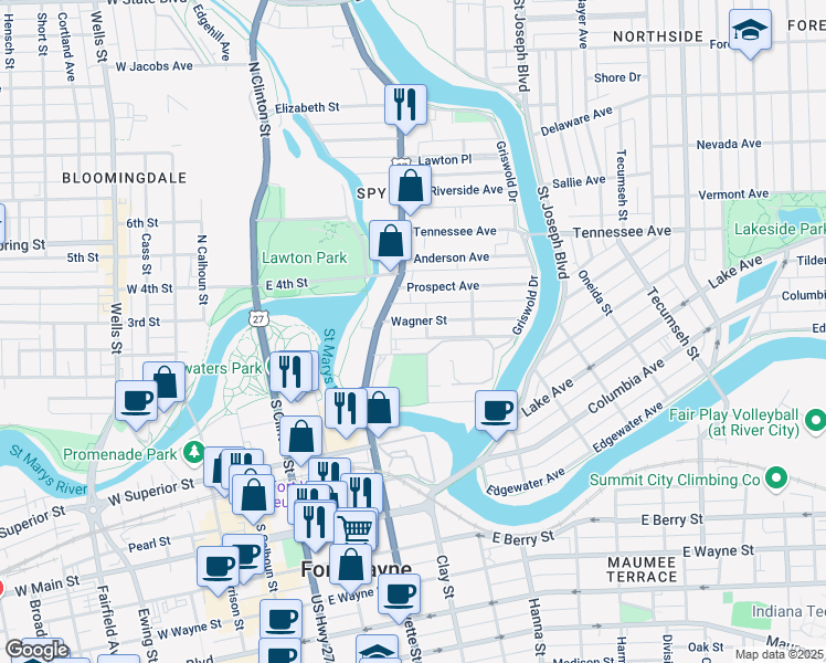 map of restaurants, bars, coffee shops, grocery stores, and more near 534 Wagner St in Fort Wayne