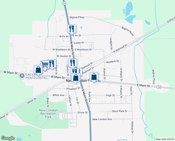 map of restaurants, bars, coffee shops, grocery stores, and more near 51 North Railroad Street in New London