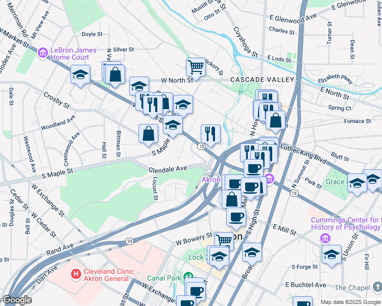 map of restaurants, bars, coffee shops, grocery stores, and more near 26 Christie Street in Akron