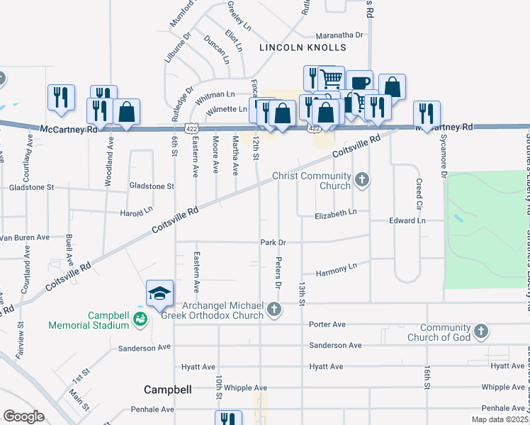 map of restaurants, bars, coffee shops, grocery stores, and more near 577 12th St in Campbell