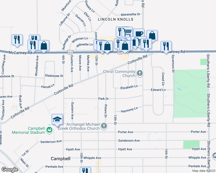 map of restaurants, bars, coffee shops, grocery stores, and more near 569 Moore Drive in Campbell