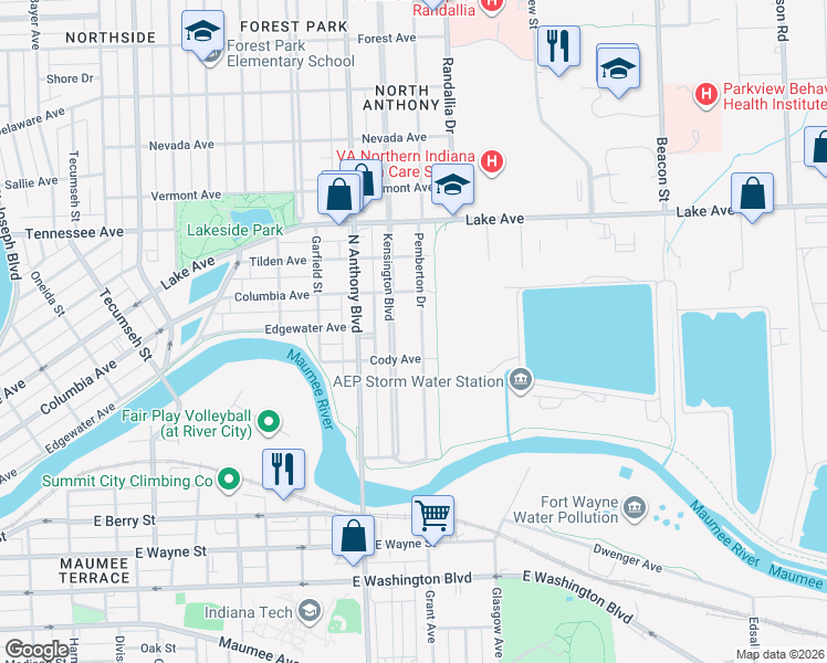 map of restaurants, bars, coffee shops, grocery stores, and more near 1126 Kensington Boulevard in Fort Wayne