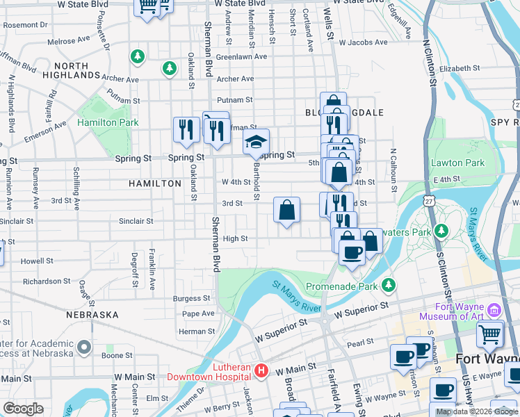 map of restaurants, bars, coffee shops, grocery stores, and more near 671 3rd Street in Fort Wayne