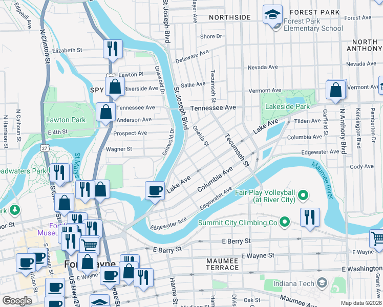 map of restaurants, bars, coffee shops, grocery stores, and more near 1001 Rivermet Avenue in Fort Wayne