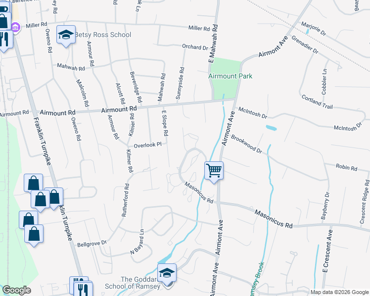 map of restaurants, bars, coffee shops, grocery stores, and more near 1498 Cornwall Road in Mahwah