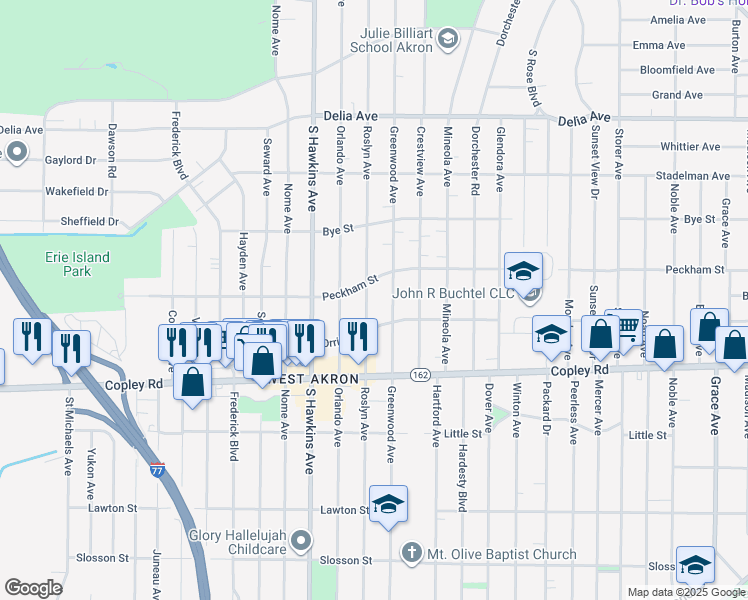 map of restaurants, bars, coffee shops, grocery stores, and more near 797 Roslyn Avenue in Akron