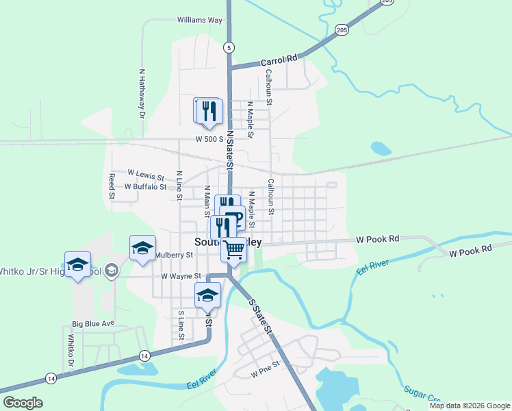 map of restaurants, bars, coffee shops, grocery stores, and more near 202 North Maple Street in South Whitley