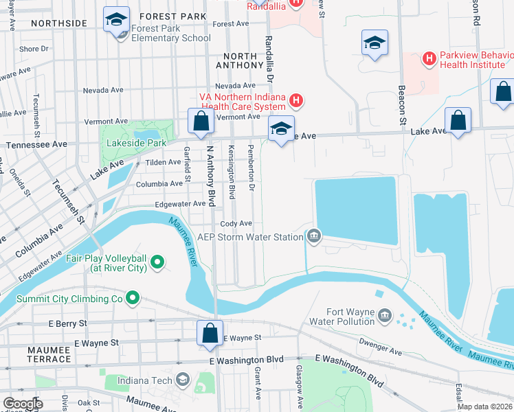 map of restaurants, bars, coffee shops, grocery stores, and more near 1126 Pemberton Drive in Fort Wayne