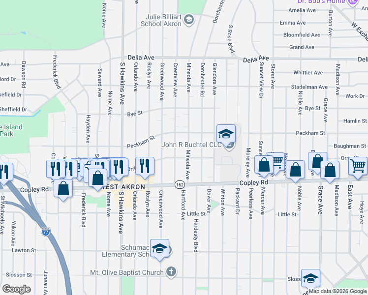 map of restaurants, bars, coffee shops, grocery stores, and more near 672 Mineola Avenue in Akron