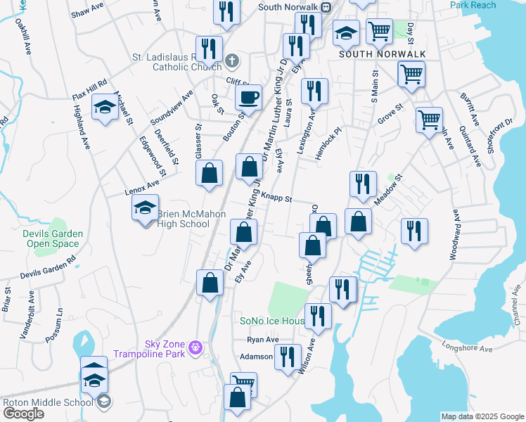 map of restaurants, bars, coffee shops, grocery stores, and more near 234 Ely Avenue in Norwalk