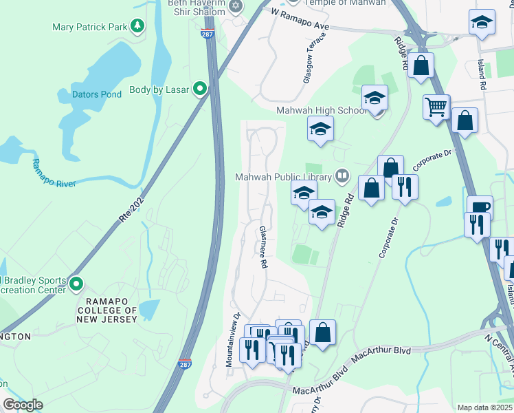map of restaurants, bars, coffee shops, grocery stores, and more near 371 Catskill Court in Mahwah
