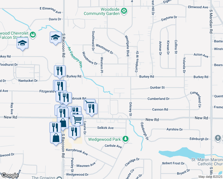 map of restaurants, bars, coffee shops, grocery stores, and more near 4206 Pembrook Road in Youngstown