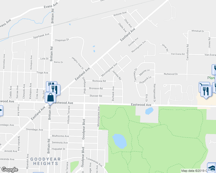 map of restaurants, bars, coffee shops, grocery stores, and more near 1615 Bronson Road in Akron