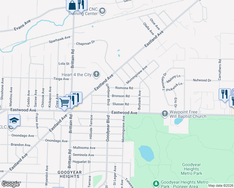 map of restaurants, bars, coffee shops, grocery stores, and more near 1573 Bronson Road in Akron