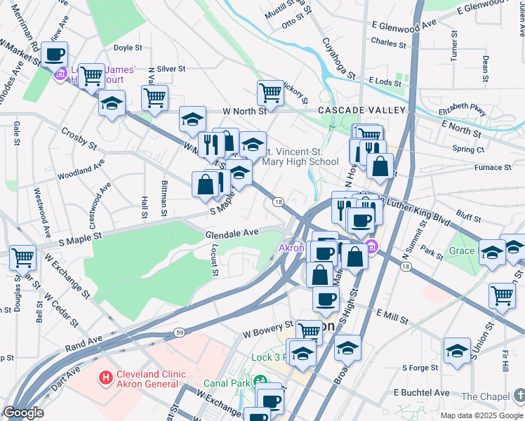 map of restaurants, bars, coffee shops, grocery stores, and more near 4 South Bates Street in Akron