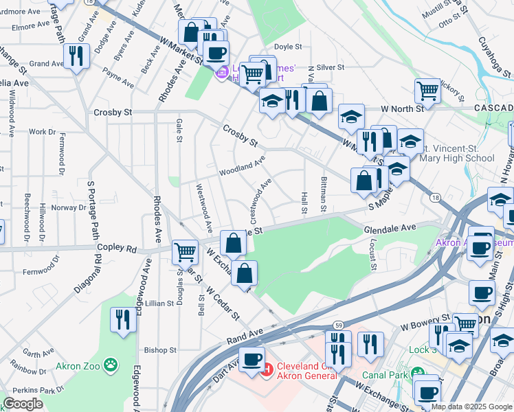 map of restaurants, bars, coffee shops, grocery stores, and more near 428 Crestwood Avenue in Akron