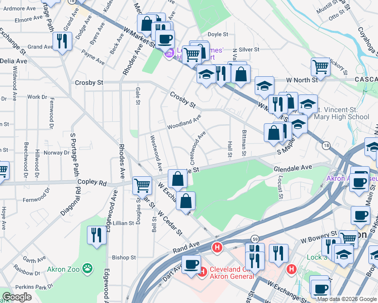 map of restaurants, bars, coffee shops, grocery stores, and more near 428 Crestwood Avenue in Akron