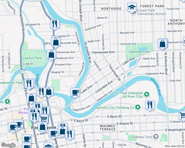 map of restaurants, bars, coffee shops, grocery stores, and more near 1001 Rivermet Avenue in Fort Wayne