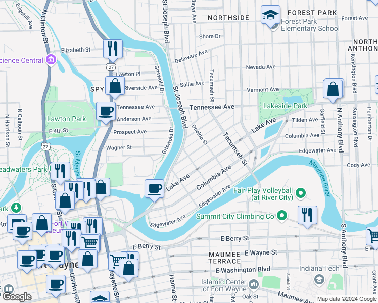 map of restaurants, bars, coffee shops, grocery stores, and more near 1001 Rivermet Avenue in Fort Wayne