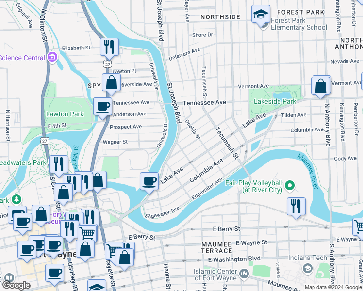map of restaurants, bars, coffee shops, grocery stores, and more near 1001 Rivermet Avenue in Fort Wayne