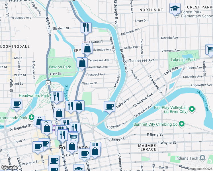 map of restaurants, bars, coffee shops, grocery stores, and more near 722 Wagner Street in Fort Wayne