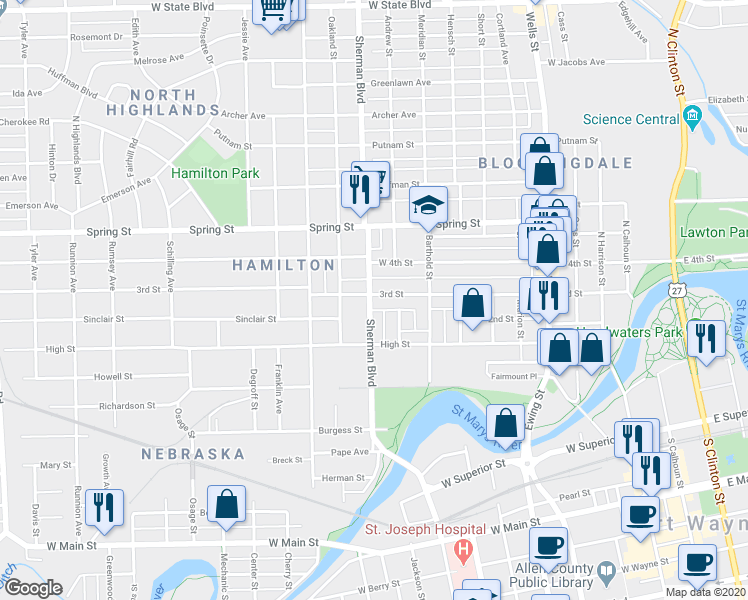 map of restaurants, bars, coffee shops, grocery stores, and more near 901 3rd Street in Fort Wayne