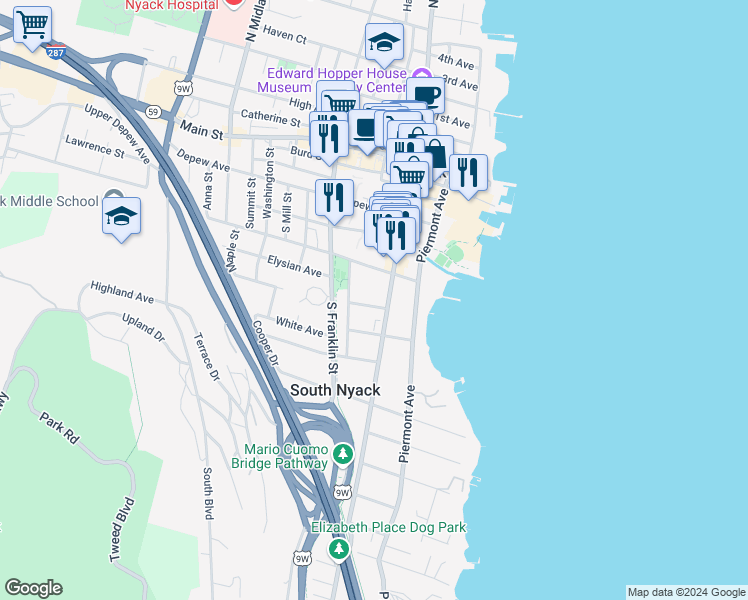 map of restaurants, bars, coffee shops, grocery stores, and more near 1 Division Avenue in Nyack