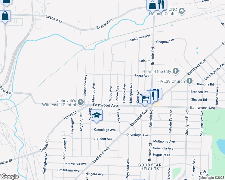 map of restaurants, bars, coffee shops, grocery stores, and more near 801 Caddo Avenue in Akron