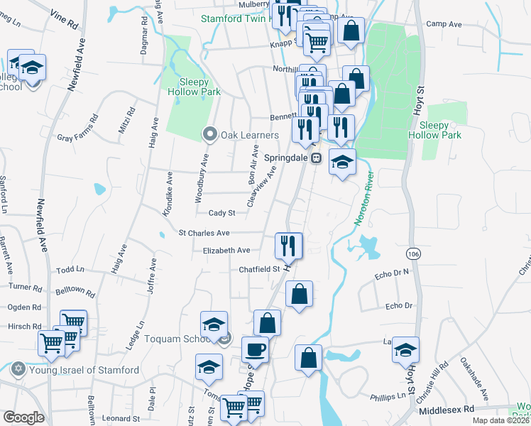 map of restaurants, bars, coffee shops, grocery stores, and more near 64 Knickerbocker Avenue in Stamford